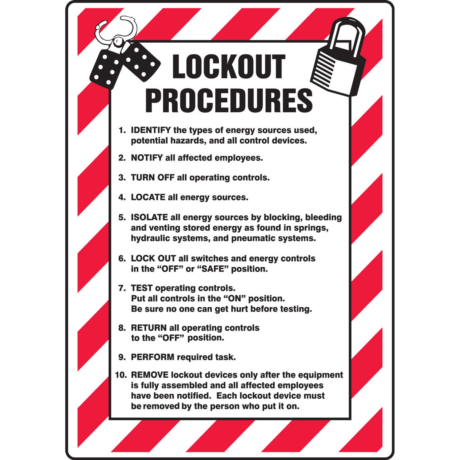 Lockout/Tagout Sign: Lockout Procedures List 14" x 10" Aluminum 1/Each - MLKT505VA