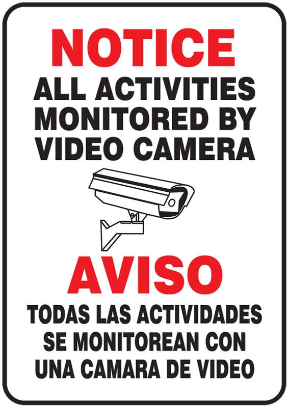 Bilingual Notice Safety Sign: All Activities Monitored By Video Camera 10" x 7" Aluminum / - SBMASE813VA