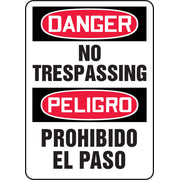 Bilingual OSHA Danger Safety Sign: No Trespassing Bilingual - Spanish/English 20" x 14" Aluma-Lite 1/Each - SBMATR112XL
