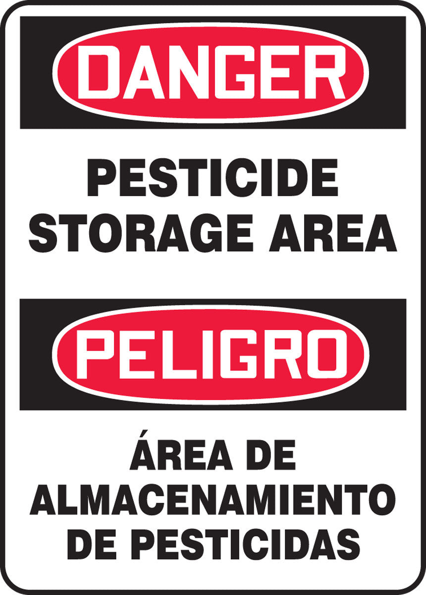 Bilingual OSHA Danger Safety Sign: Pesticide Storage Area 20" x 14" Adhesive Vinyl 1/Each - SBMCAW116VS
