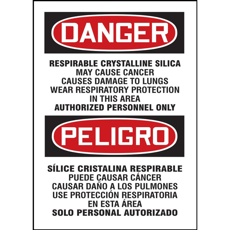 Bilingual OSHA Danger Safety Label: Respirable Crystalline Silica - May Cause Cancer... Bilingual - Spanish/English Adhesive Dura Vinyl 7" x 5" 1/Each - SBLCAW121XVE