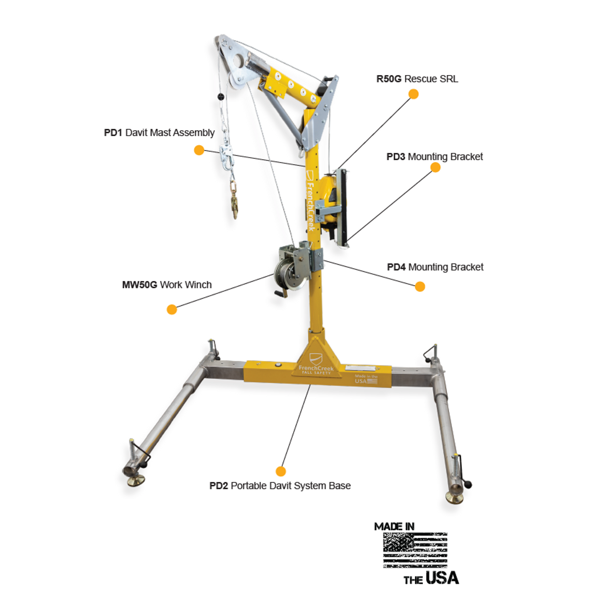 French Creek 4pc Confined Space Davit System with 12" to 30" Offset Davit Arm w/ 50' SRL & Winch