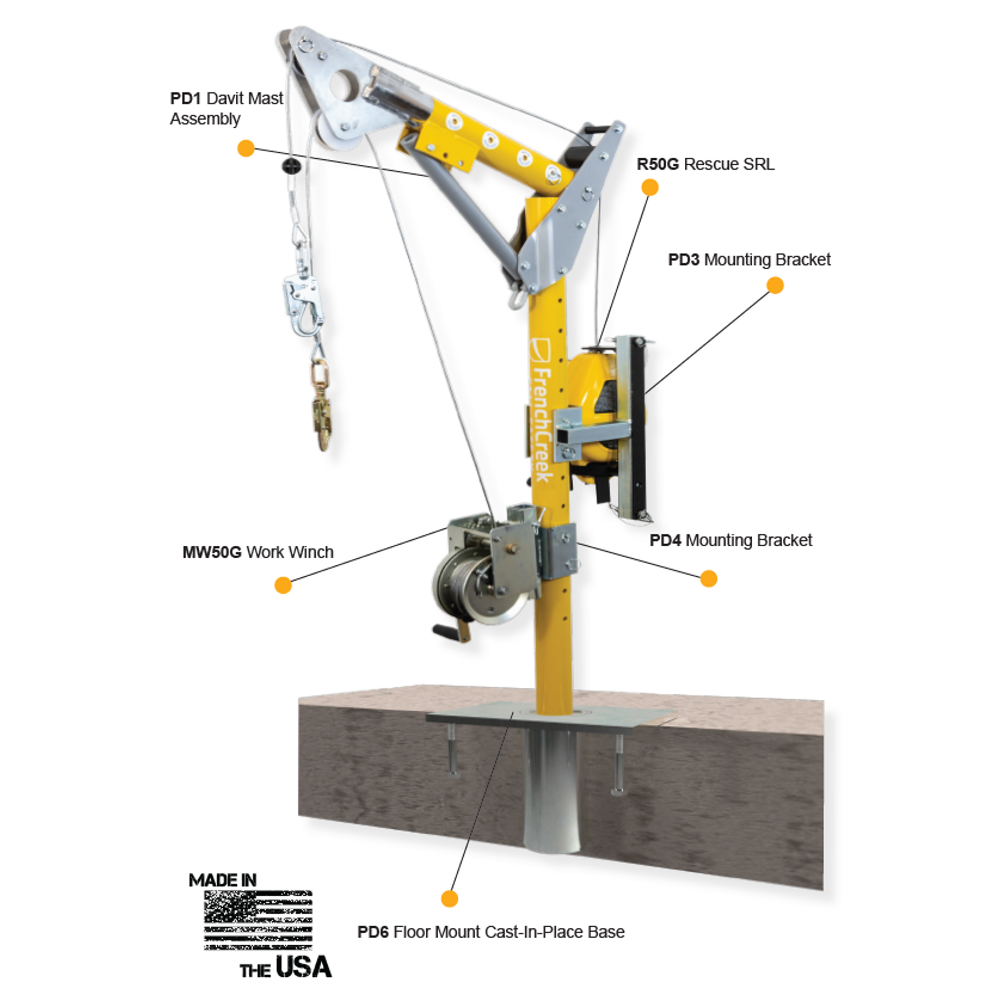 French Creek Floor Mount Cast-In-Place PD6 Base Confined Space Entry Kit w/ 50' SRL & Winch