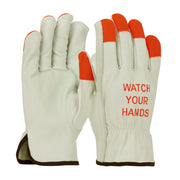 PIP Superior Grade Top Grain Cowhide Leather Drivers Glove w/Hi-Vis Fingertips & "WATCH YOUR H&S" Logo - Keystone Thumb - Natural - 1/DZ - 68-165HV