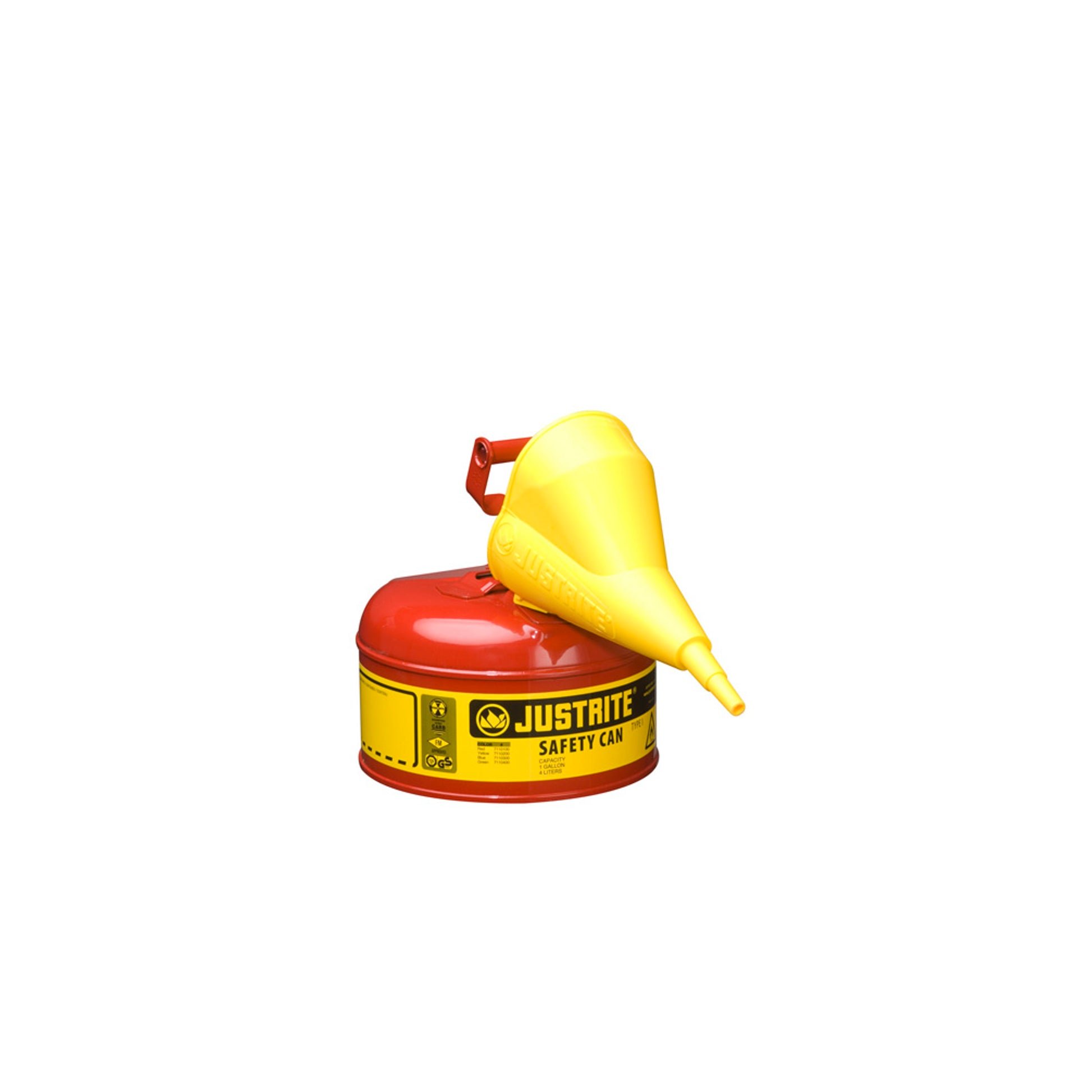 Justrite Type I Steel Safety Can For Flammables - Funnel 11202Y - 1 Gallon - S/S Flame Arrester - S/C Lid - Red - 7110110