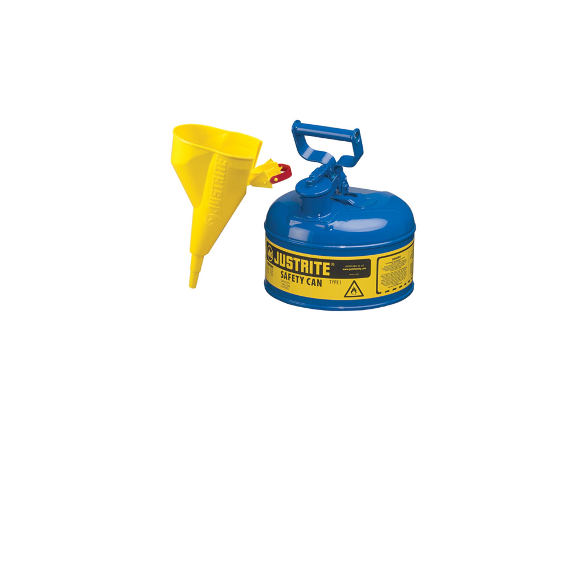 Justrite Type I Steel Safety Can For Flammables - Funnel 11202Y - 1 Gallon - S/S Flame Arrester - S/C Lid - Blue - 7110310