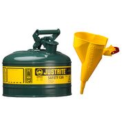 Justrite Type I Steel Safety Can For Flammables - Funnel 11202Y - 1 Gallon - S/S Flame Arrester - S/C Lid - Green - 7110410
