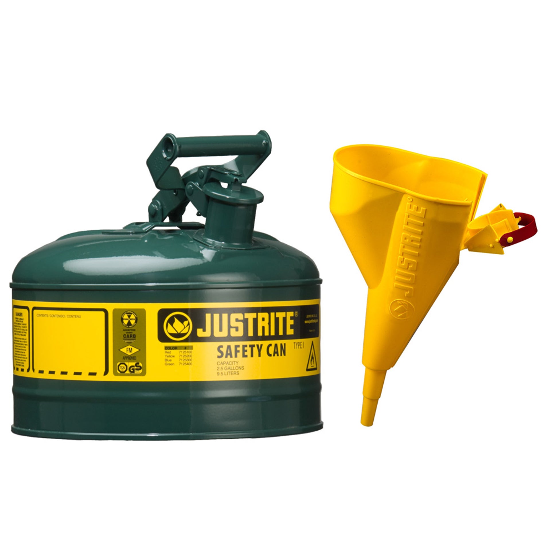 Justrite Type I Steel Safety Can For Flammables - Funnel 11202Y - 1 Gallon - S/S Flame Arrester - S/C Lid - Green - 7110410