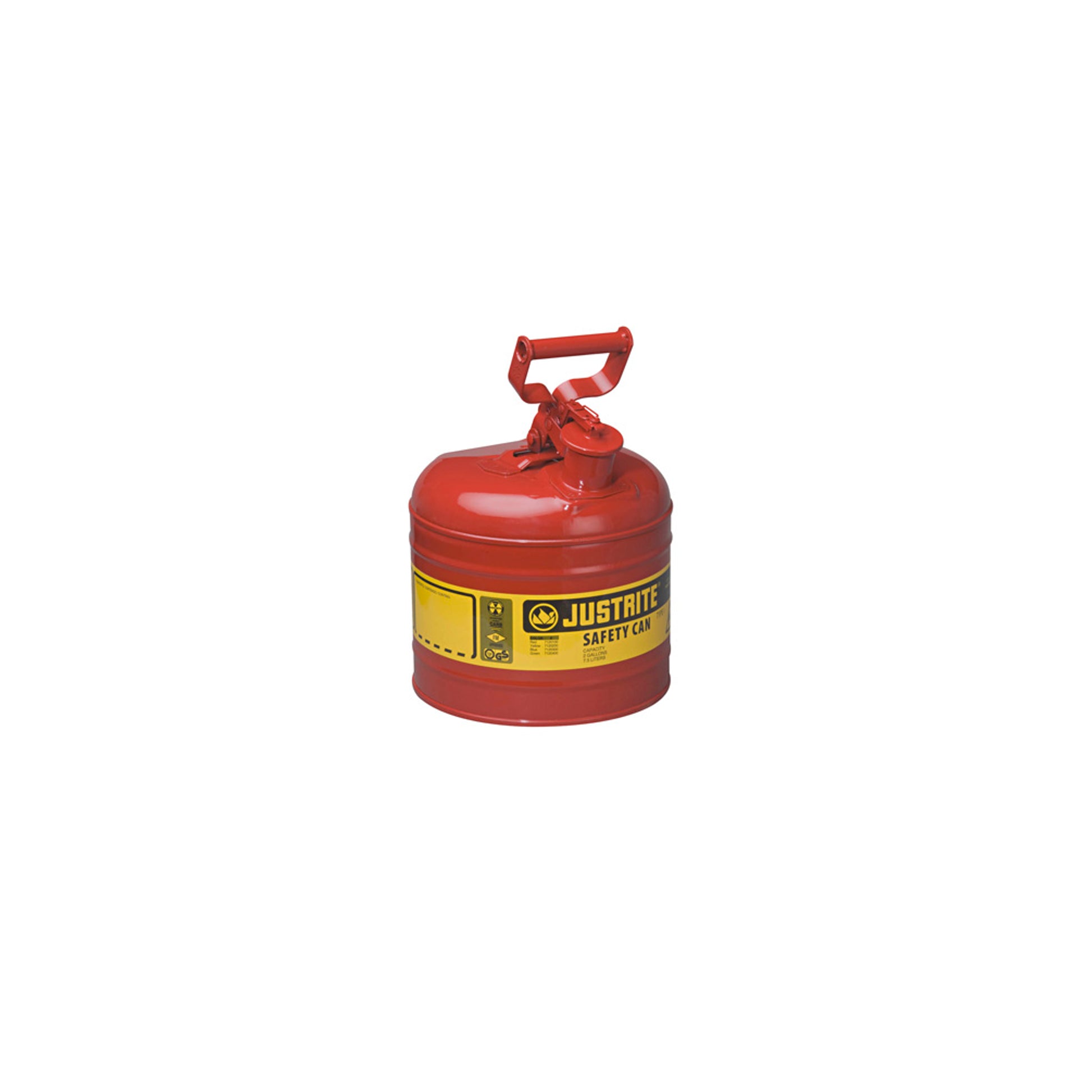 Justrite Type I Steel Safety Can For Flammables - 2 Gallon - S/S Flame Arrester - Self-Close Lid - Red - 7120100