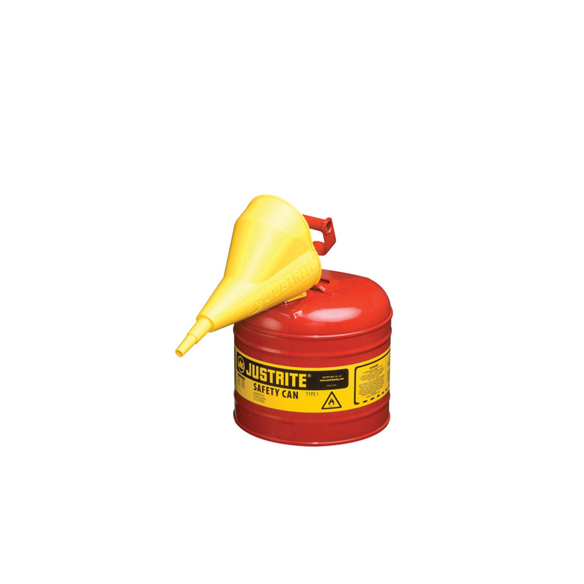 Justrite Type I Steel Safety Can For Flammables - Funnel 11202Y - 2 Gallon - S/S Flame Arrester - S/C Lid - Red - 7120110