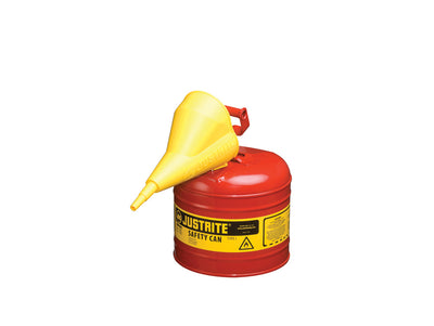 Justrite Type I Steel Safety Can For Flammables - Funnel 11202Y - 2 Gallon - S/S Flame Arrester - S/C Lid - Red - 7120110