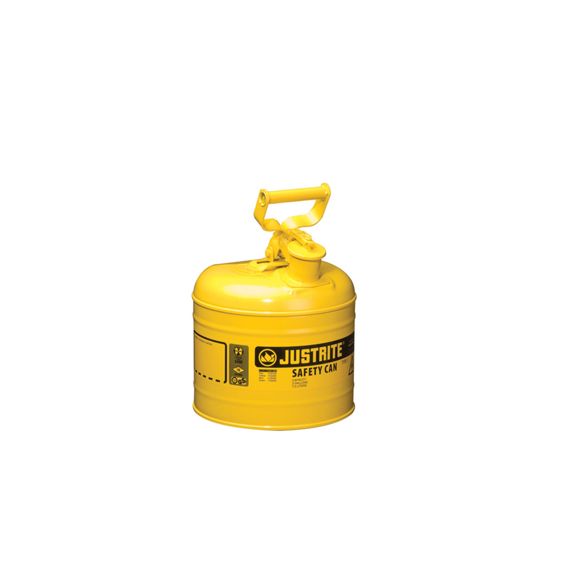Justrite Type I Steel Safety Can For Flammables - 2 Gallon - S/S Flame Arrester - Self-Close Lid - Yellow - 7120200