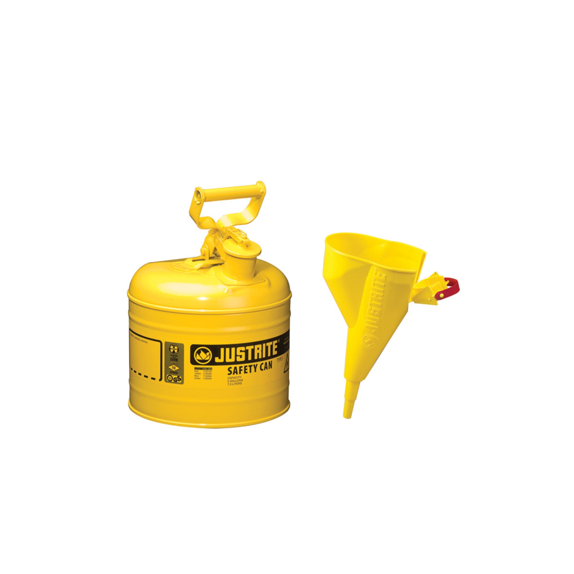 Justrite Type I Steel Safety Can For Flammables - Funnel 11202Y - 2 Gallon - S/S Flame Arrester - S/C Lid - Yellw - 7120210