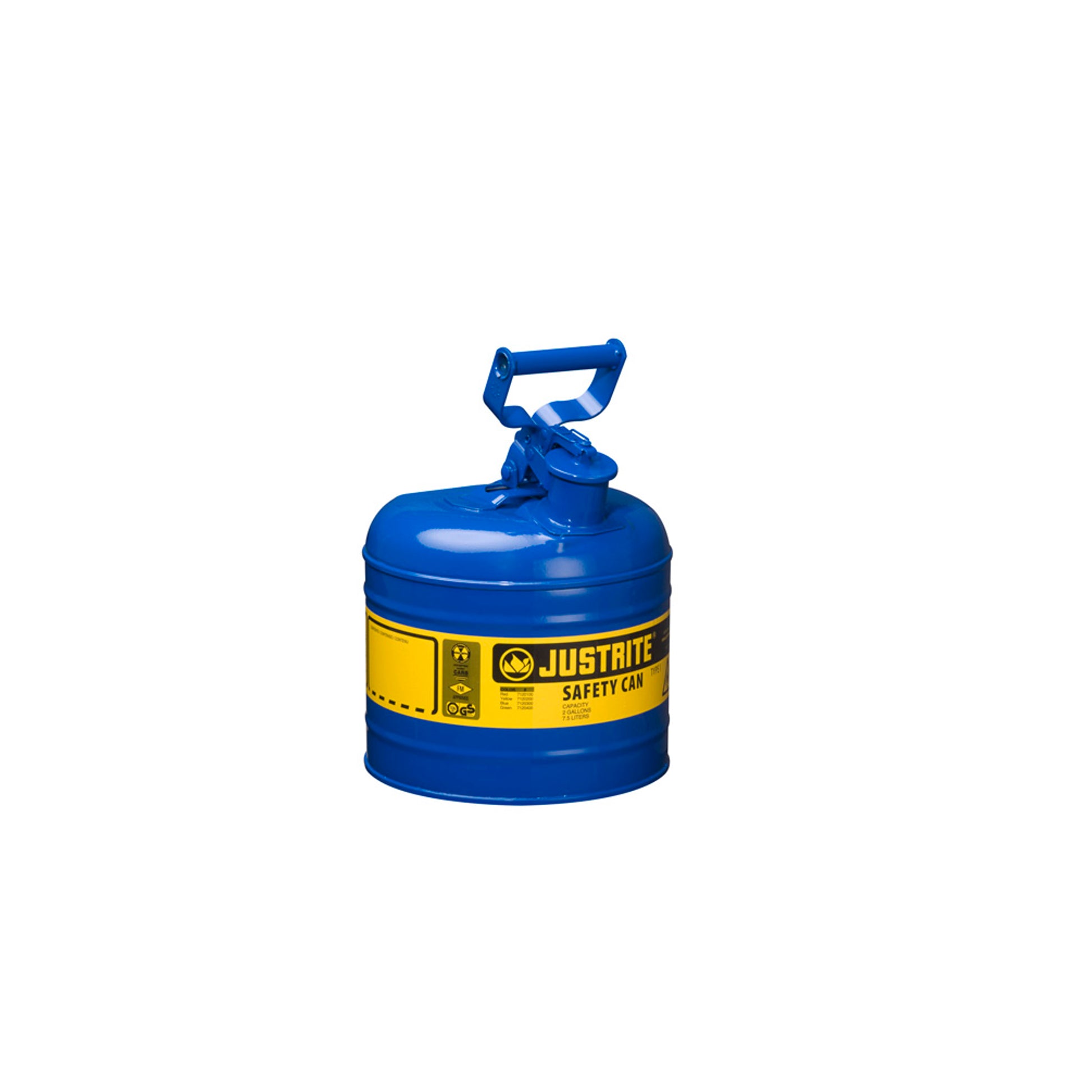 Justrite Type I Steel Safety Can For Flammables - 2 Gallon - S/S Flame Arrester - Self-Close Lid - Blue - 7120300