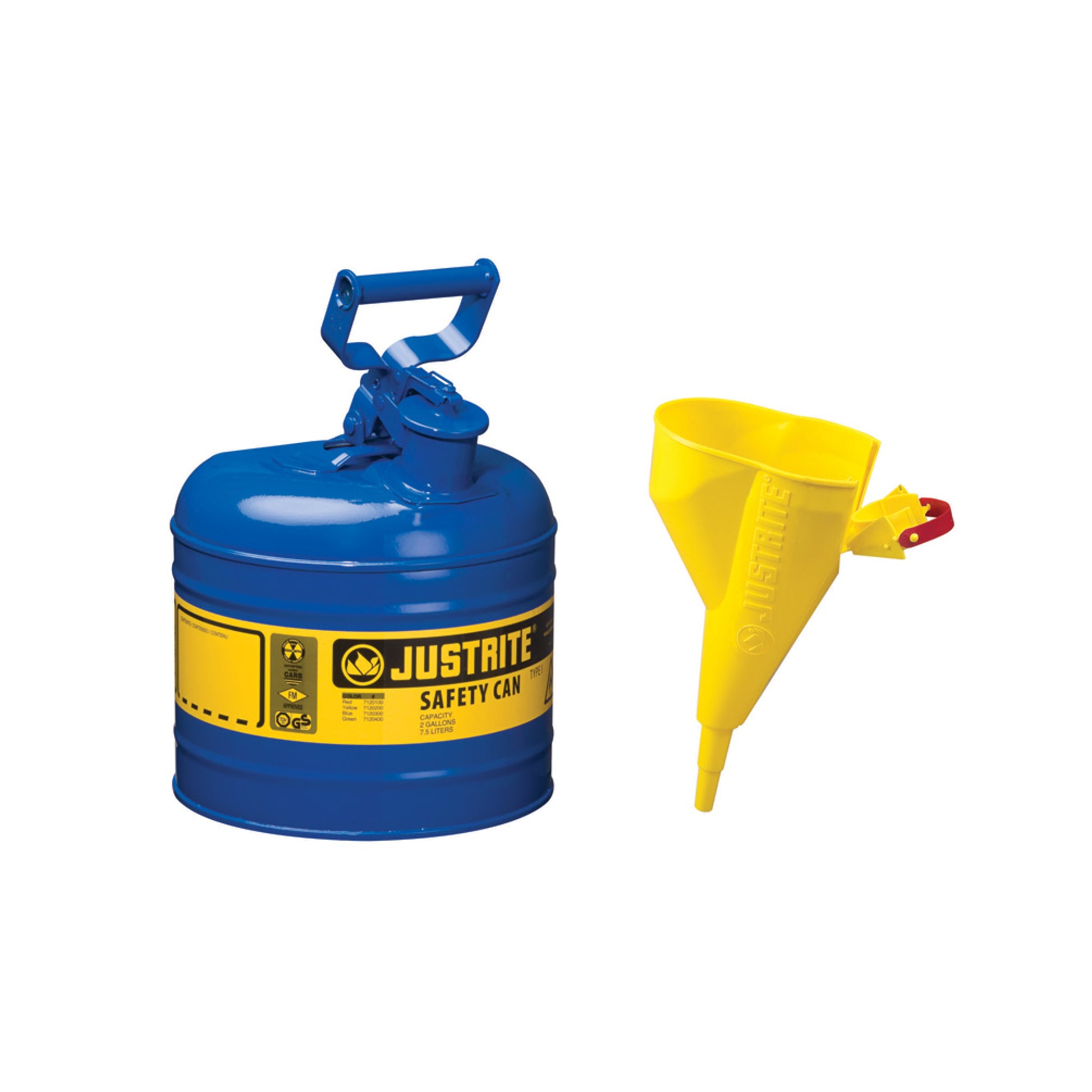 Justrite Type I Steel Safety Can For Flammables - Funnel 11202Y - 2 Gallon - S/S Flame Arrester - S/C Lid - Blue - 7120310