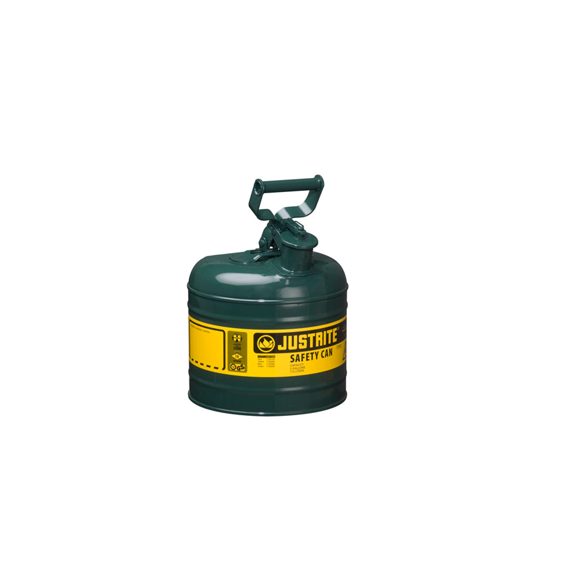 Justrite Type I Steel Safety Can For Flammables - 2 Gallon - S/S Flame Arrester - Self-Close Lid - Green - 7120400