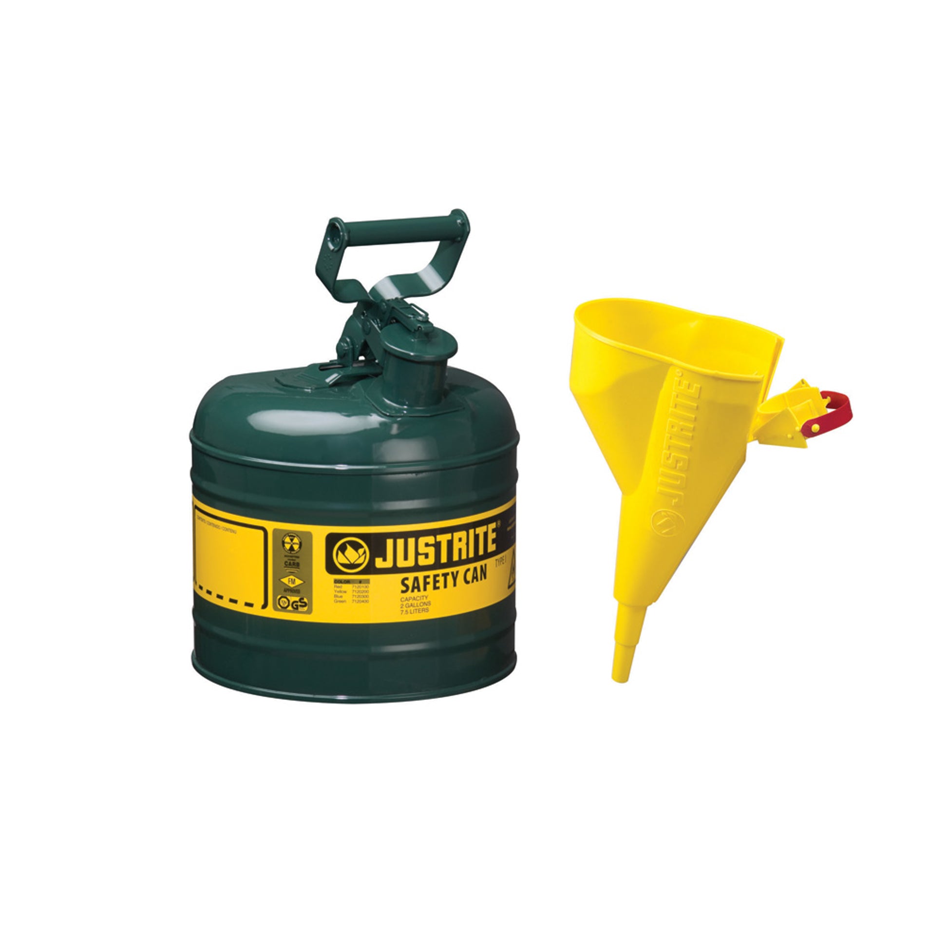 Justrite Type I Steel Safety Can For Flammables - Funnel 11202Y - 2 Gallon - S/S Flame Arrester - S/C Lid - Green - 7120410