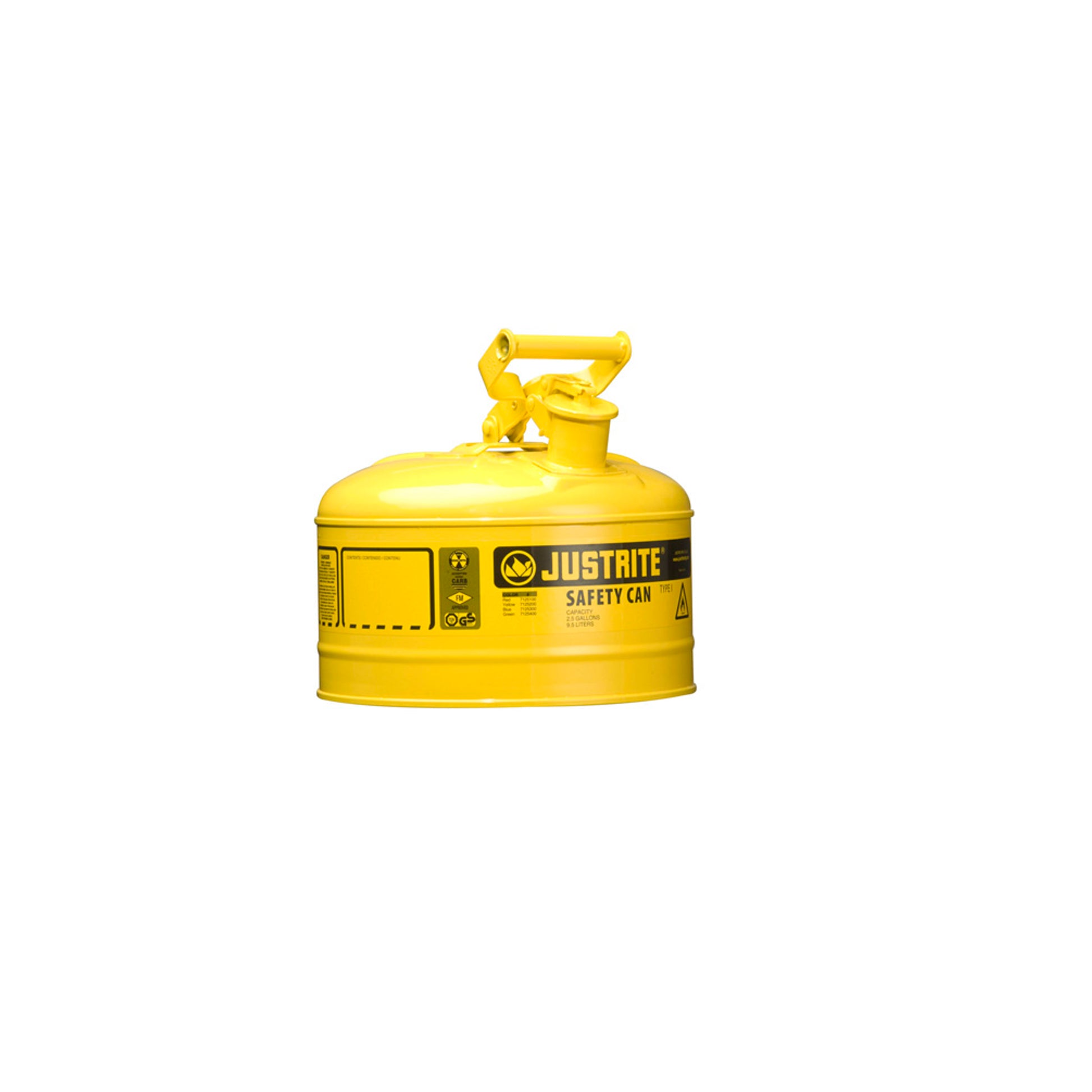 Justrite Type I Steel Safety Can For Flammables - 2.5 Gallon - S/S Flame Arrester - Self-Close Lid - Yellow - 7125200