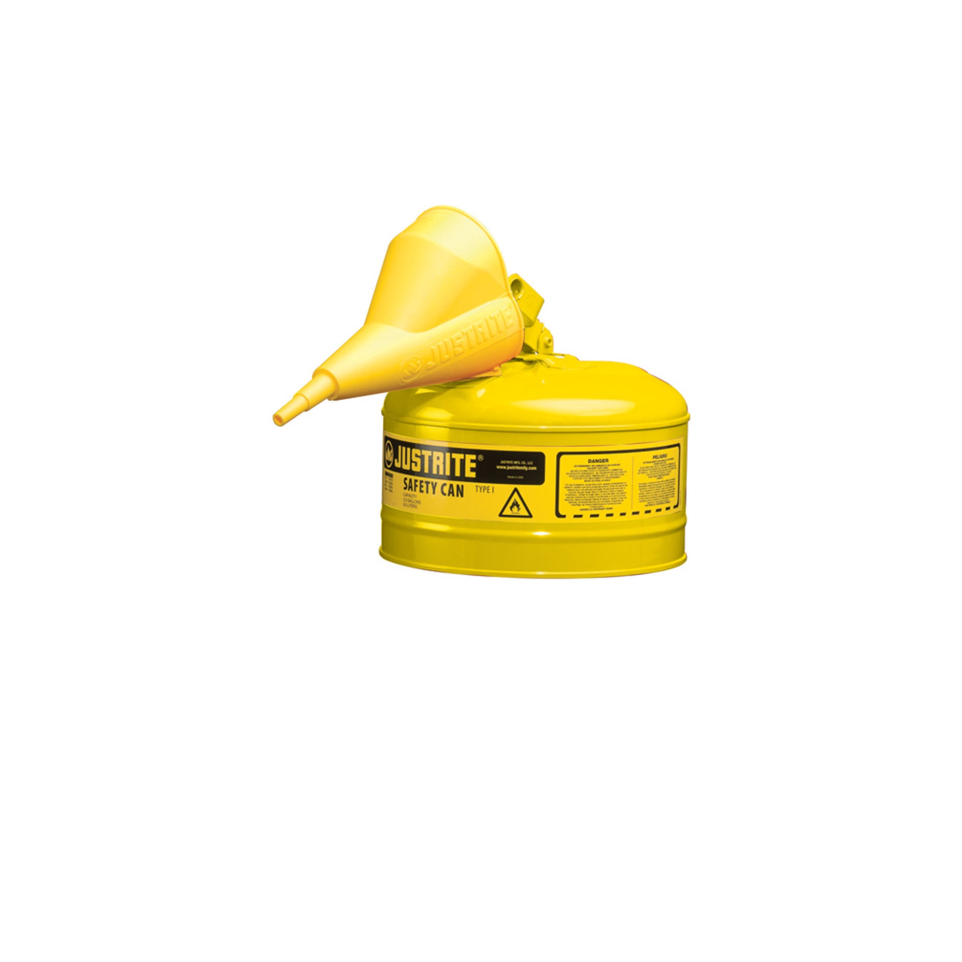Justrite Type I Steel Safety Can For Flammables - Funnel 11202Y - 2.5 Gallon - S/S Flame Arrester - S/C Lid - Yel - 7125210