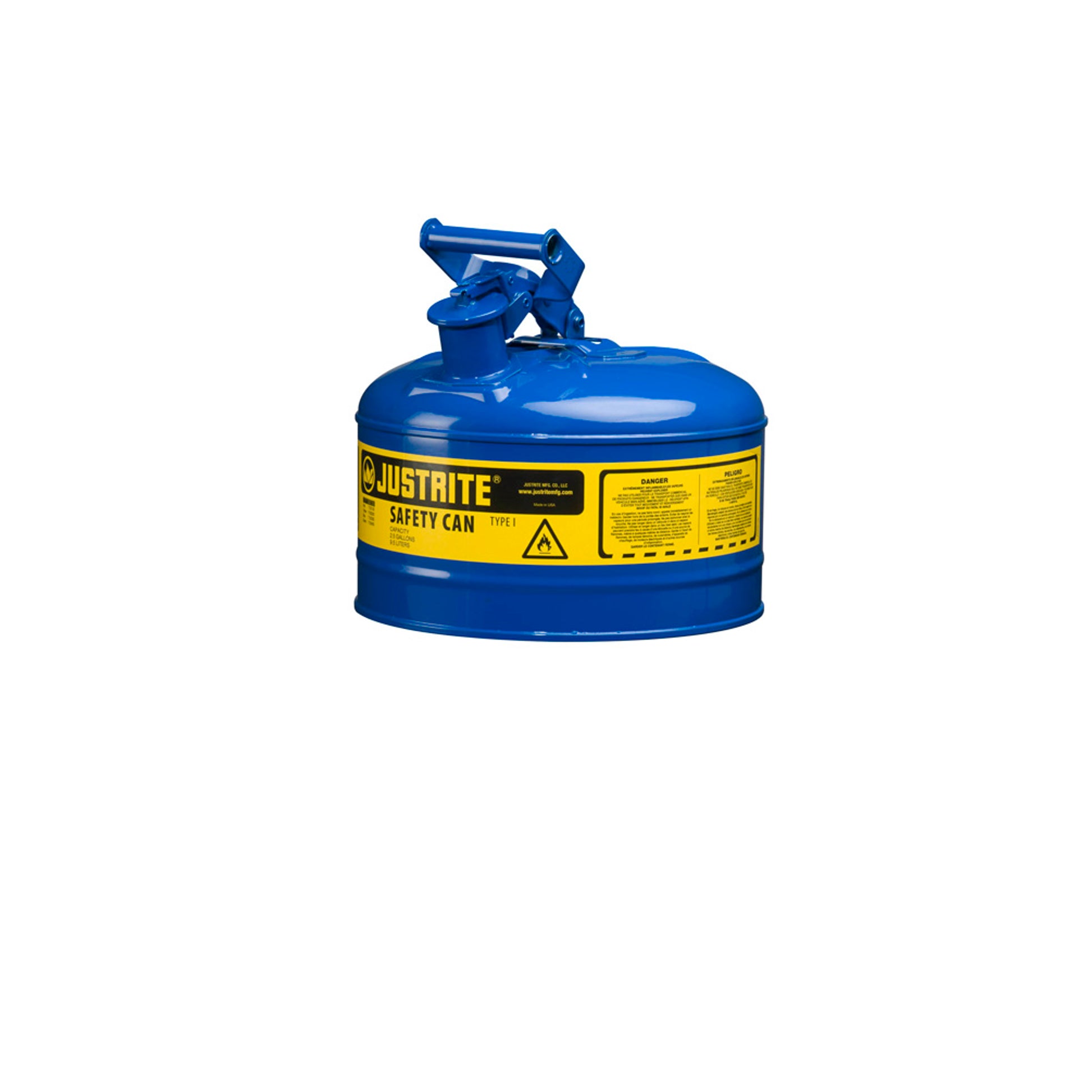 Justrite Type I Steel Safety Can For Flammables - 2.5 Gallon - S/S Flame Arrester - Self-Close Lid - Blue - 7125300