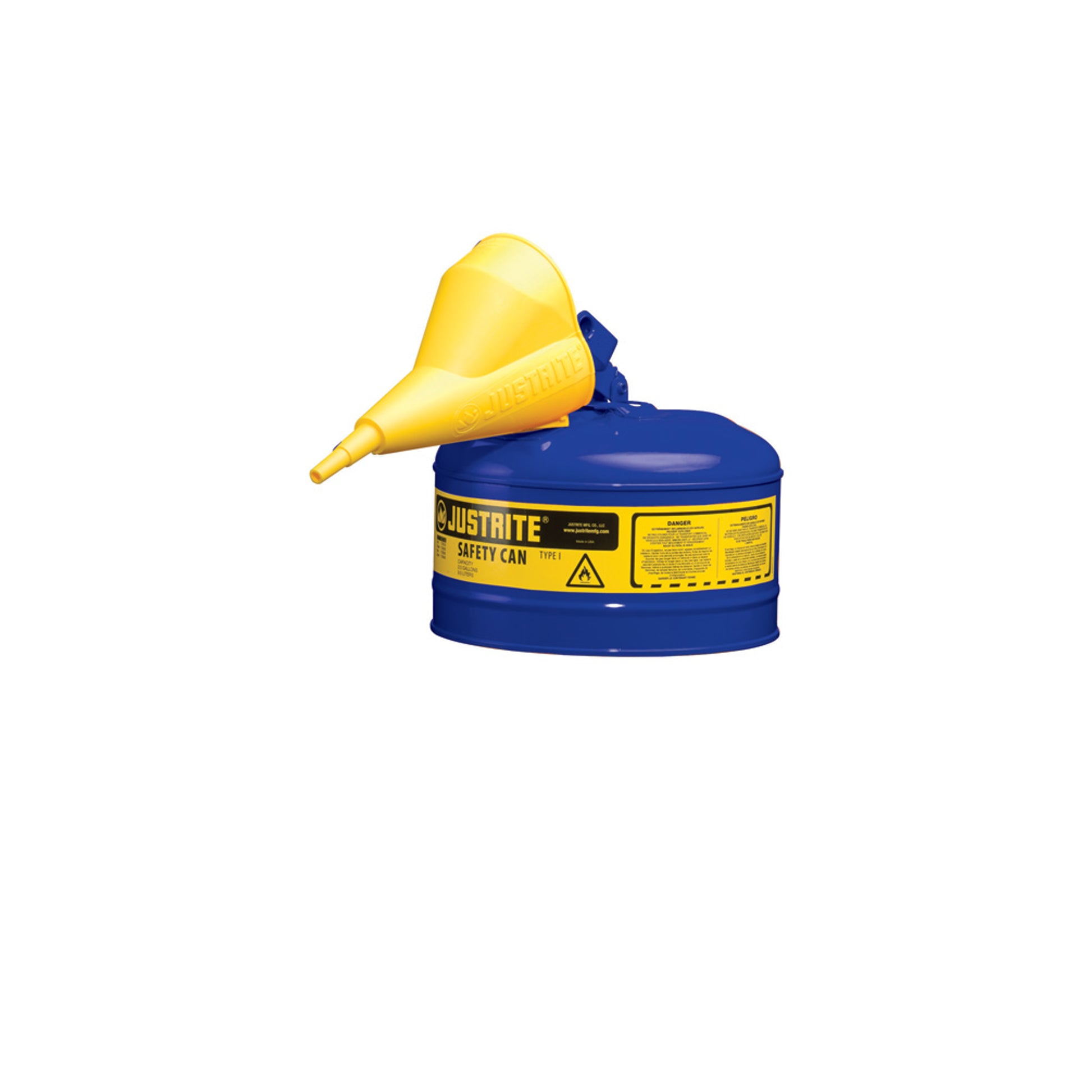 Justrite Type I Steel Safety Can For Flammables - Funnel 11202Y - 2.5 Gallon - S/S Flame Arrester - S/C Lid - Blu - 7125310