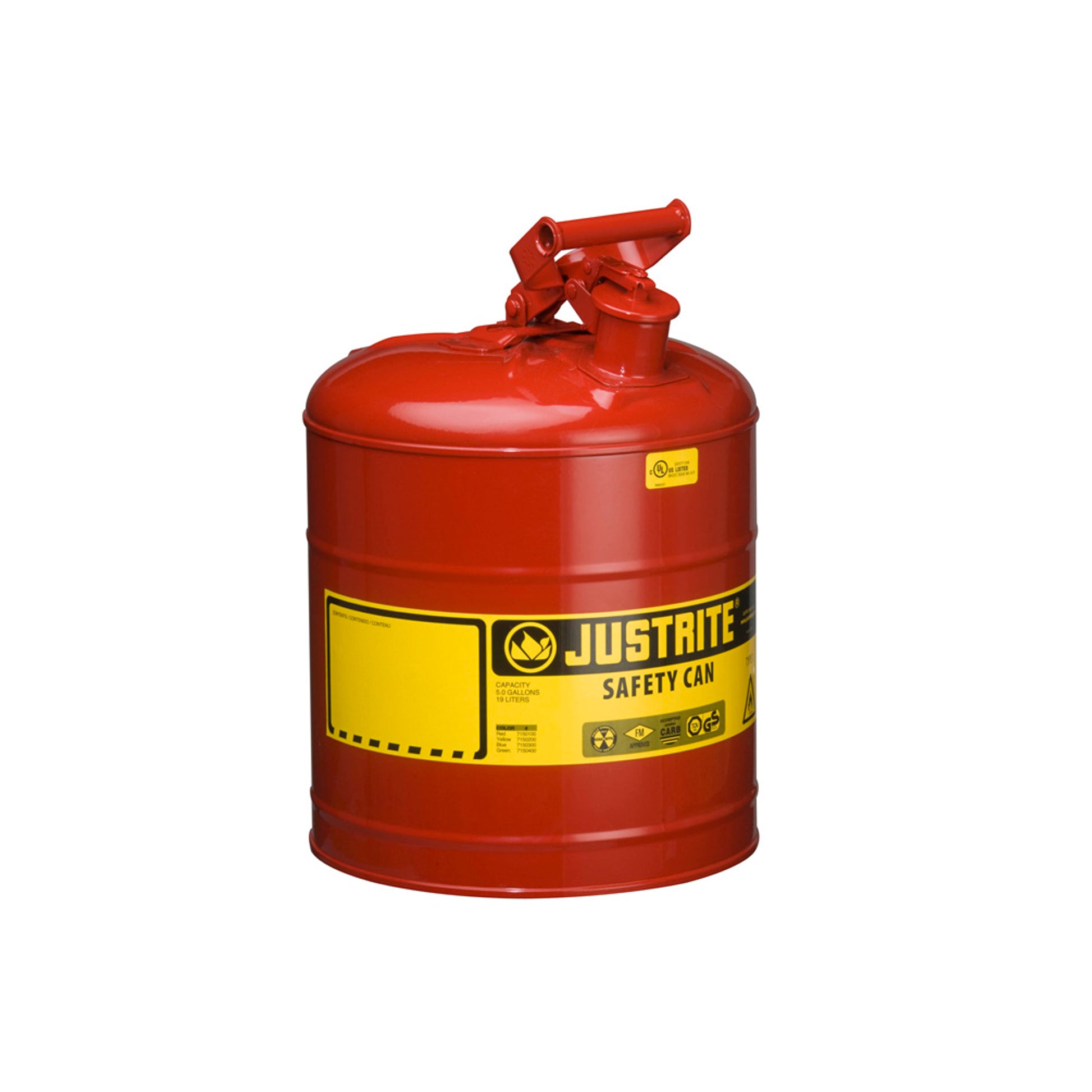 Justrite Type I Steel Safety Can For Flammables - 5 Gallon - S/S Flame Arrester - Self-Close Lid - Red - 7150100