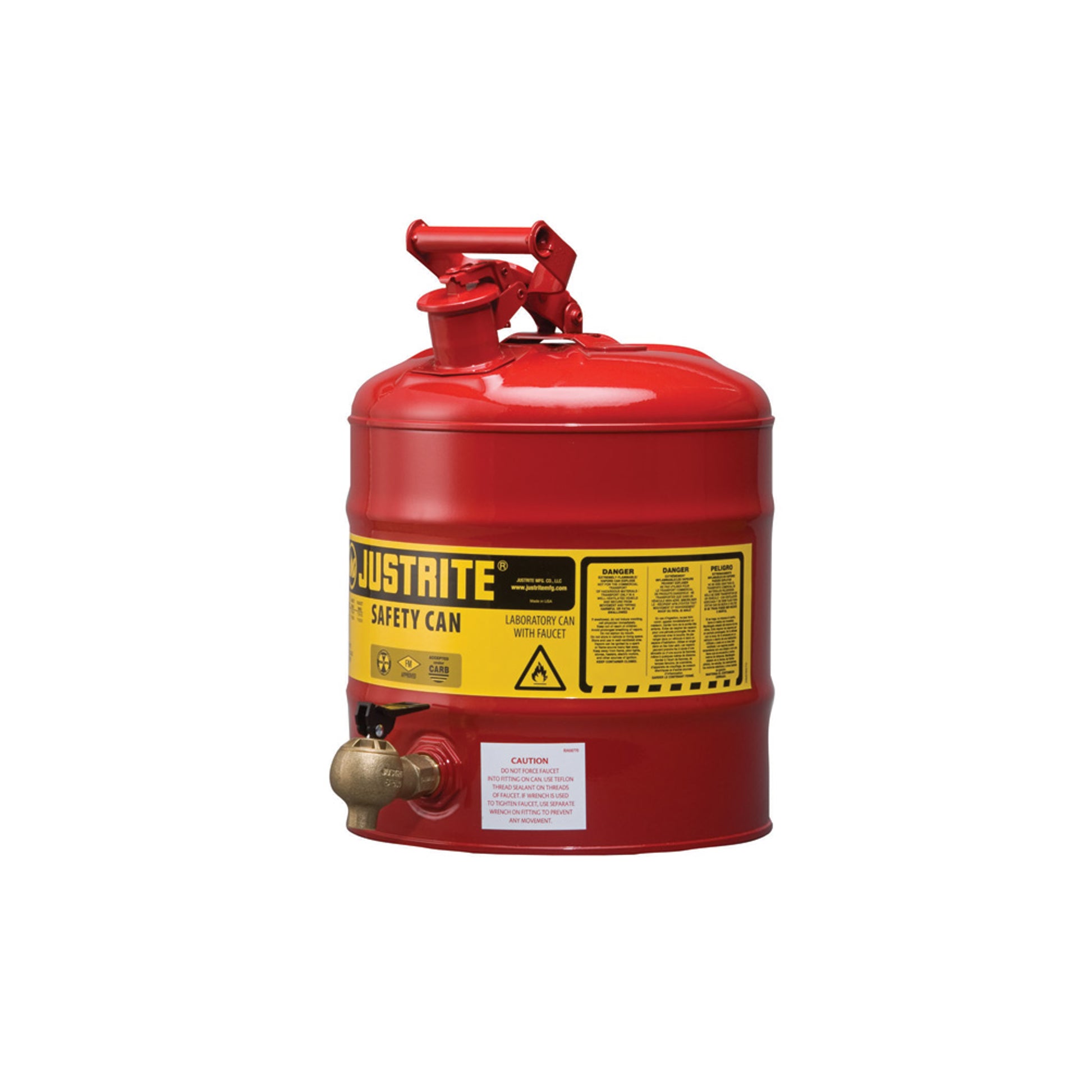 Justrite Type I Shelf Safety Can - 5 Gallon - Bottom 08540 Faucet - S/S Flame Arrester - Steel - Red - 7150140