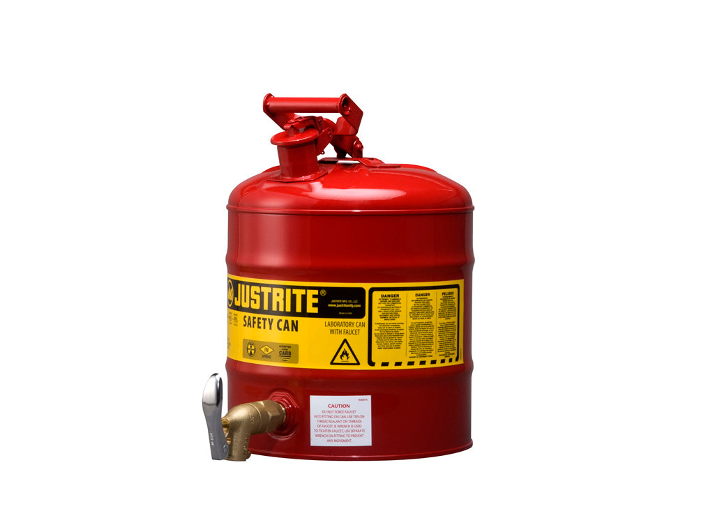 Justrite Type I Shelf Safety Can - 5 Gallon - Bottom 08902 Faucet - S/S Flame Arrester - Steel - Red - 7150150