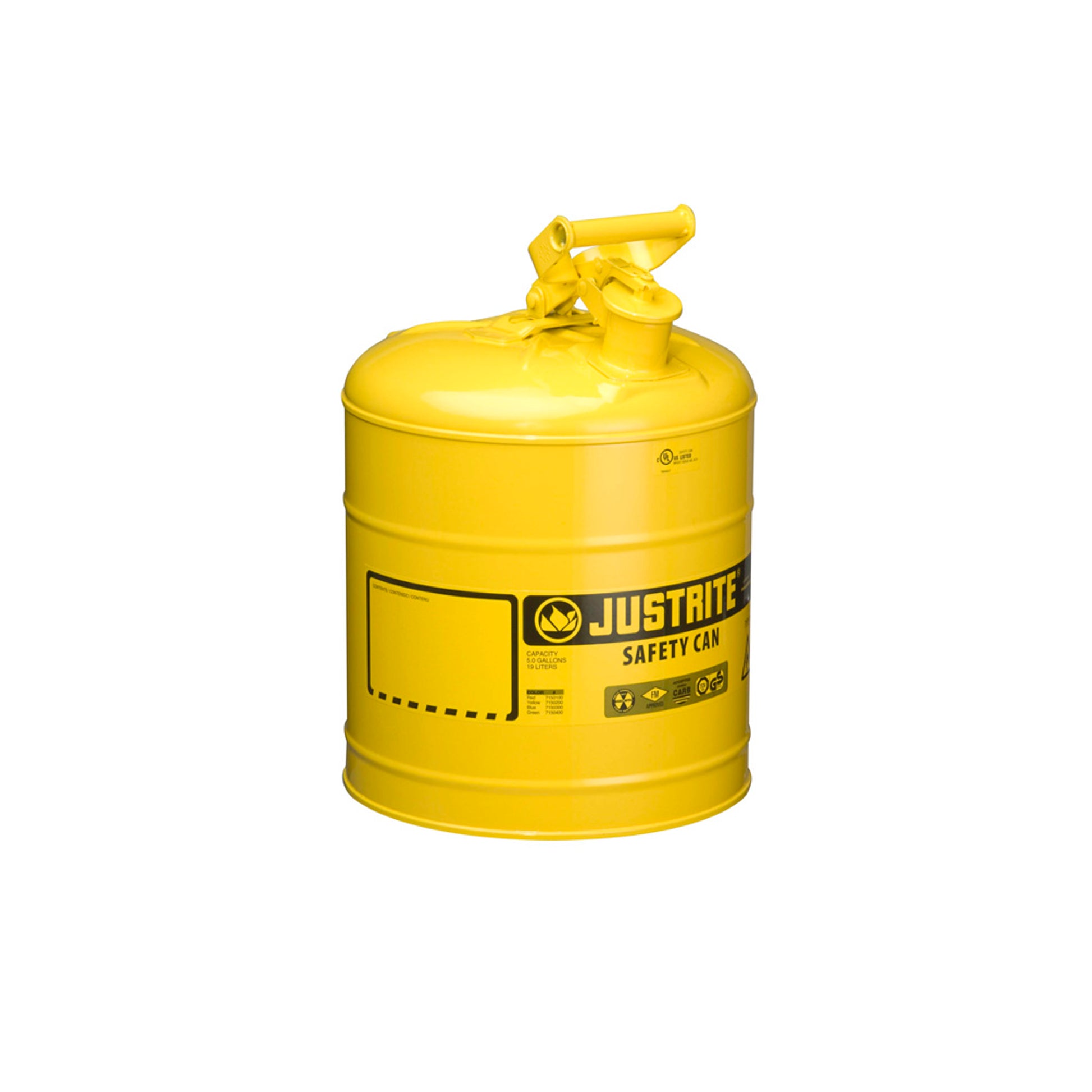 Justrite Type I Steel Safety Can For Flammables - 5 Gallon - S/S Flame Arrester - Self-Close Lid - Yellow - 7150200