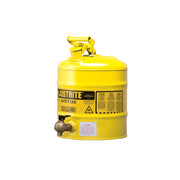 Justrite Type I Shelf Safety Can - 5 Gallon - Bottom 08540 Faucet - S/S Flame Arrester - Steel - Yellow - 7150240