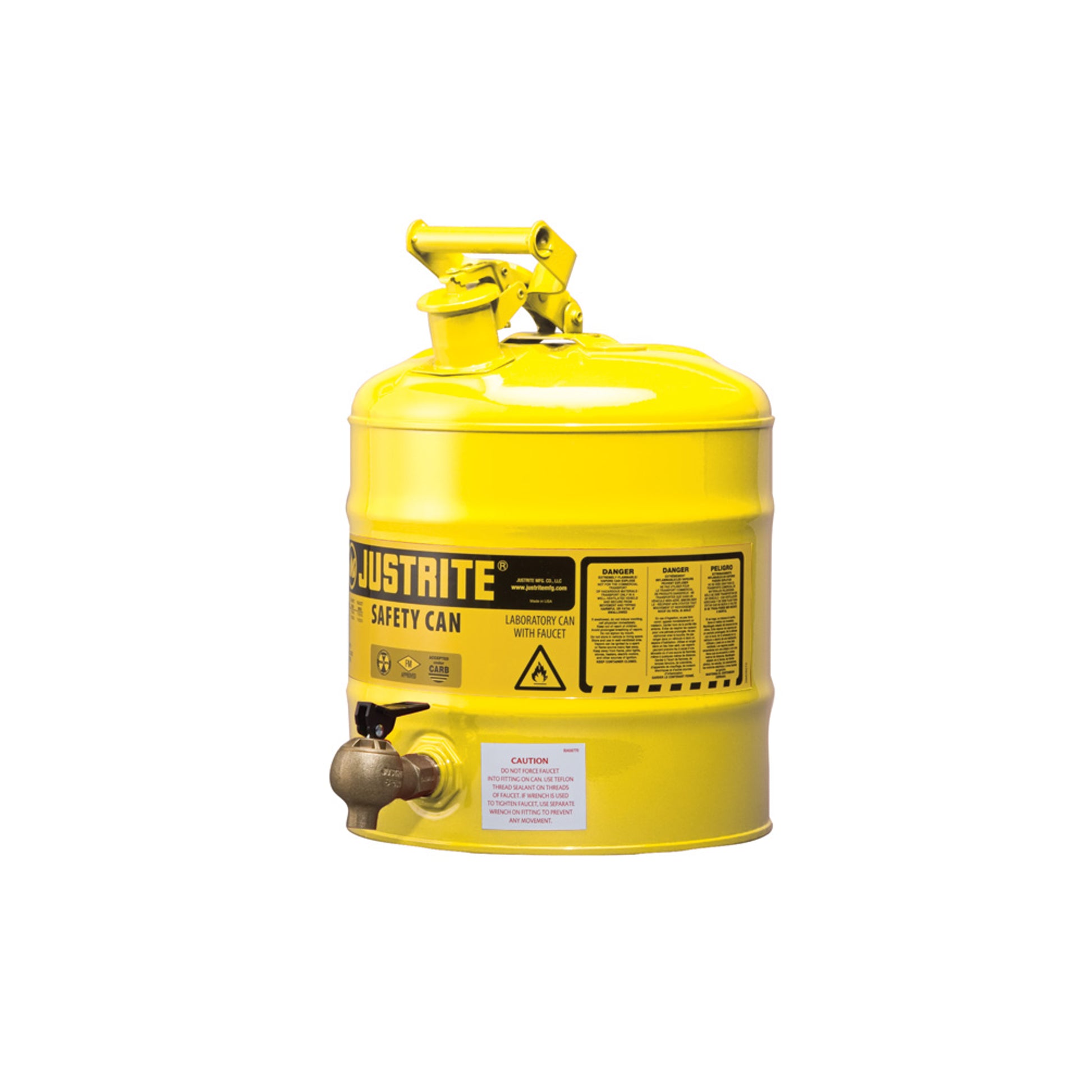 Justrite Type I Shelf Safety Can - 5 Gallon - Bottom 08540 Faucet - S/S Flame Arrester - Steel - Yellow - 7150240
