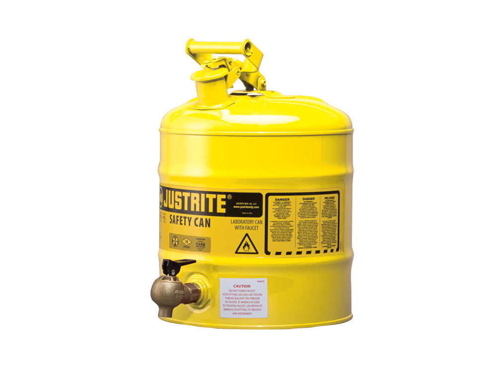 Justrite Type I Shelf Safety Can - 5 Gallon - Bottom 08540 Faucet - S/S Flame Arrester - Steel - Yellow - 7150240