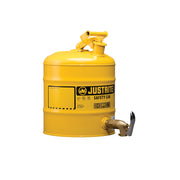Justrite Type I Shelf Safety Can - 5 Gallon - Bottom 08902 Faucet - S/S Flame Arrester - Steel - Yellow - 7150250