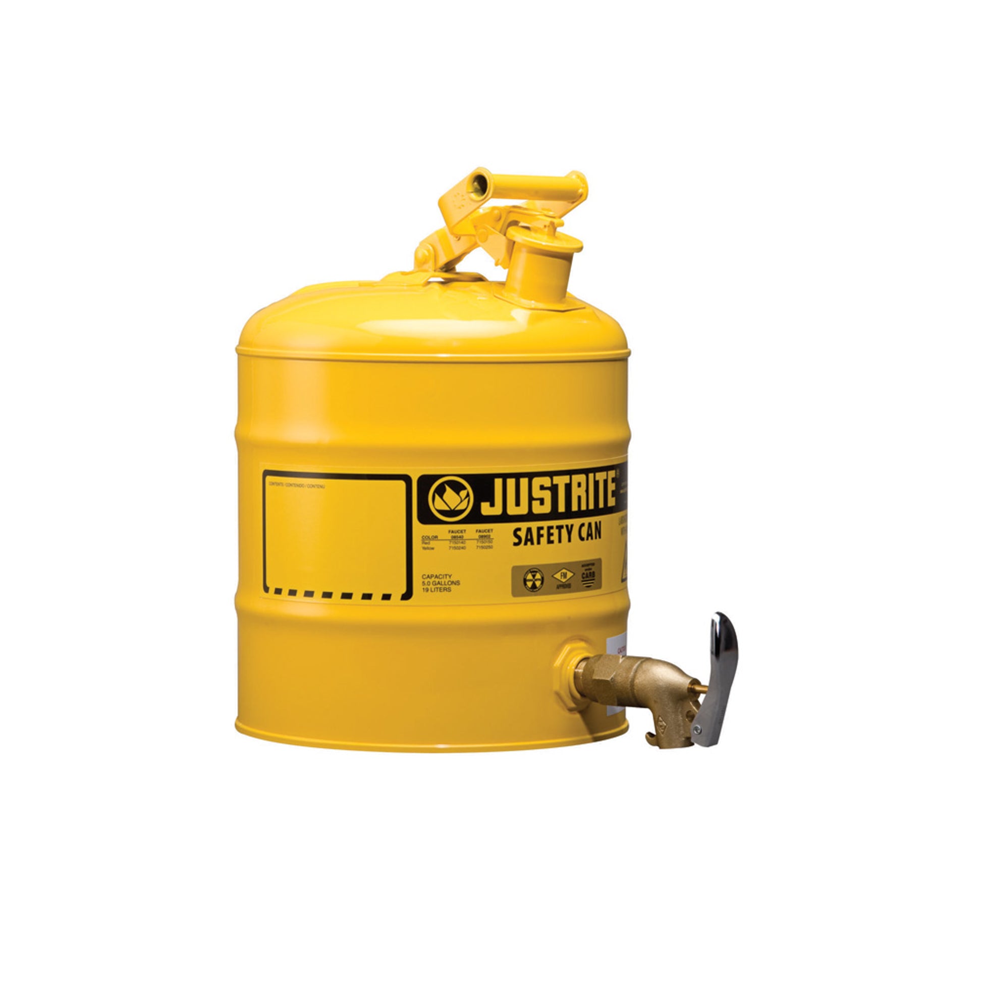 Justrite Type I Shelf Safety Can - 5 Gallon - Bottom 08902 Faucet - S/S Flame Arrester - Steel - Yellow - 7150250
