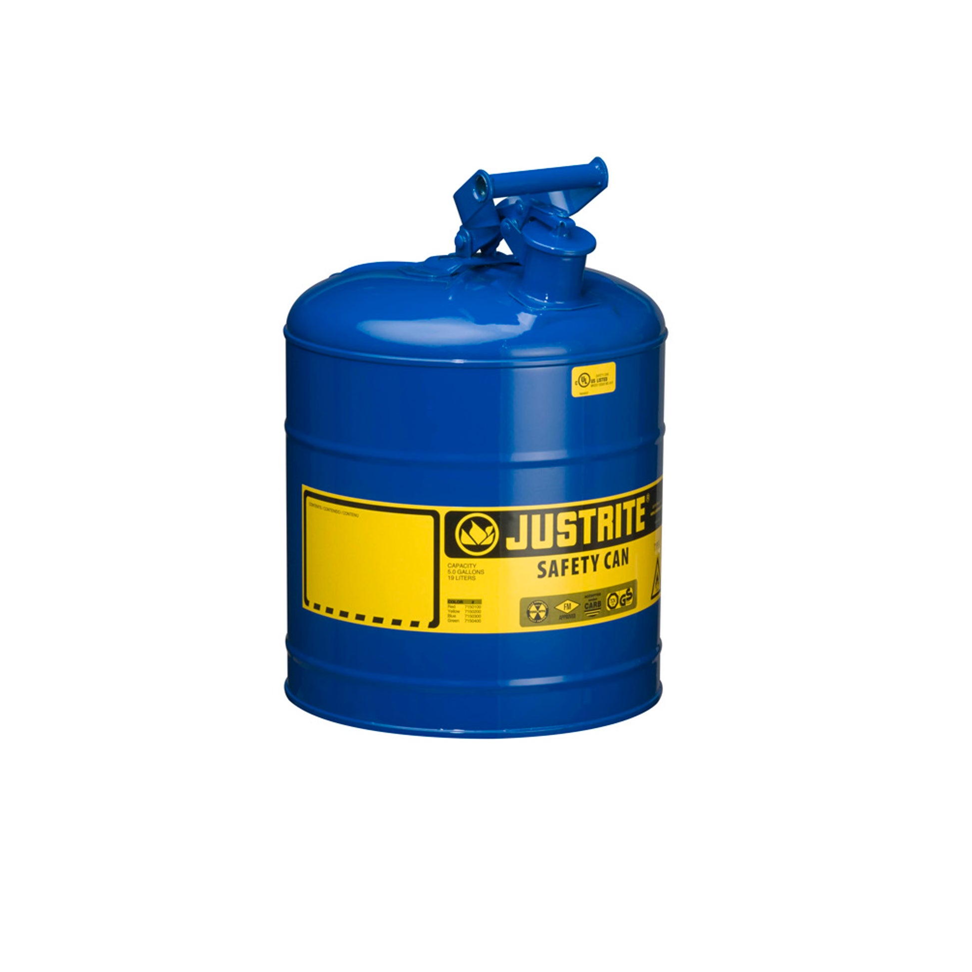 Justrite Type I Steel Safety Can For Flammables - 5 Gallon - S/S Flame Arrester - Self-Close Lid - Blue - 7150300