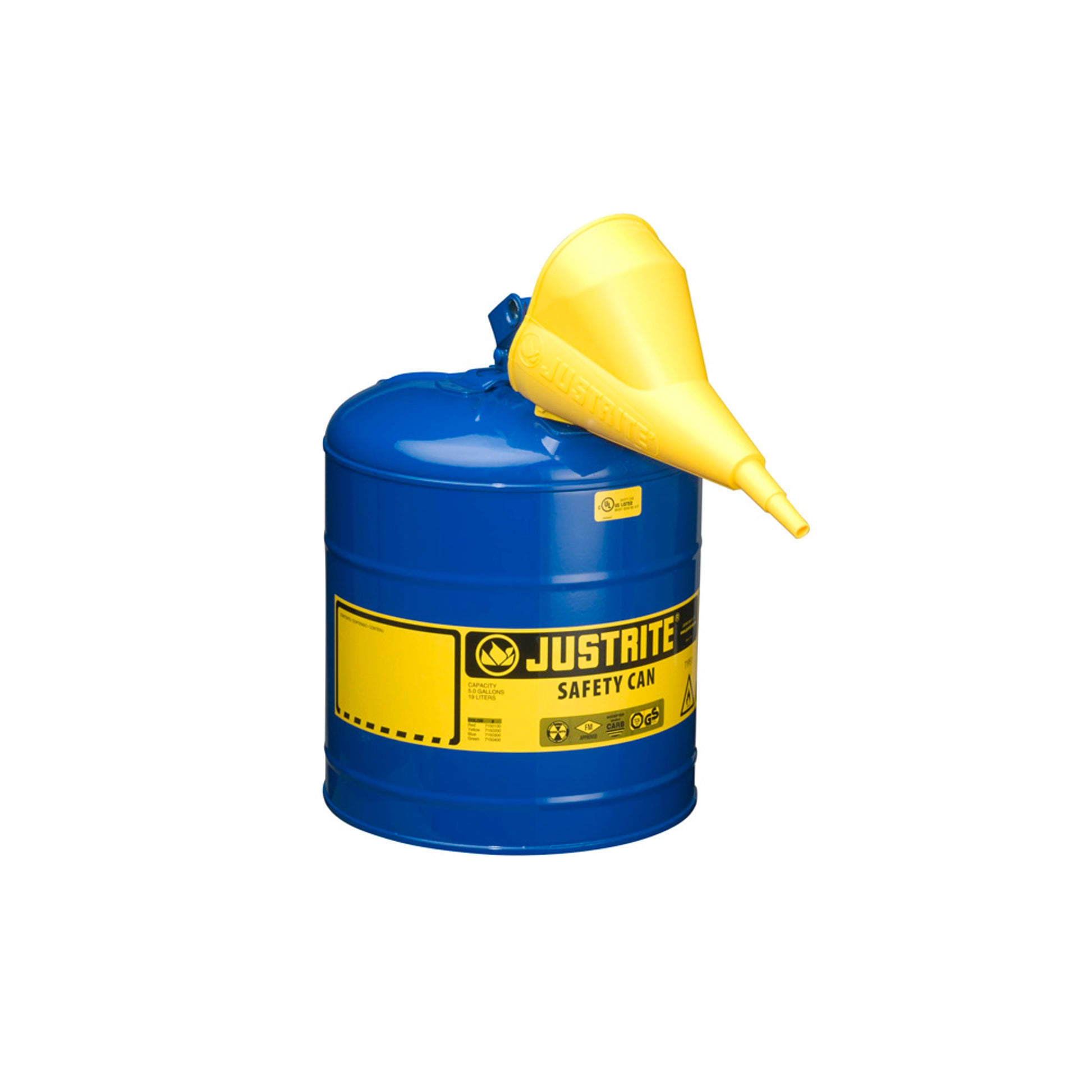 Justrite Type I Steel Safety Can For Flammables - Funnel 11202Y - 5 Gallon - S/S Flame Arrester - S/C Lid - Blue - 7150310