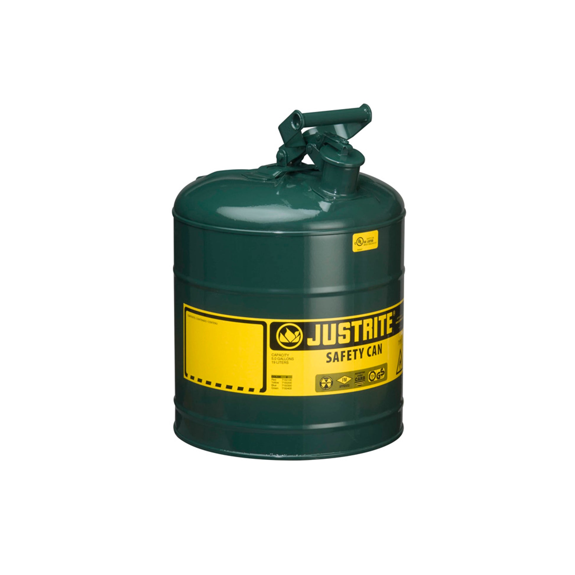 Justrite Type I Steel Safety Can For Flammables - 5 Gallon - S/S Flame Arrester - Self-Close Lid - Green - 7150400