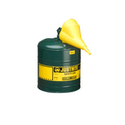 Justrite Type I Steel Safety Can For Flammables - Funnel 11202Y - 5 Gallon - S/S Flame Arrester - S/C Lid - Green - 7150410
