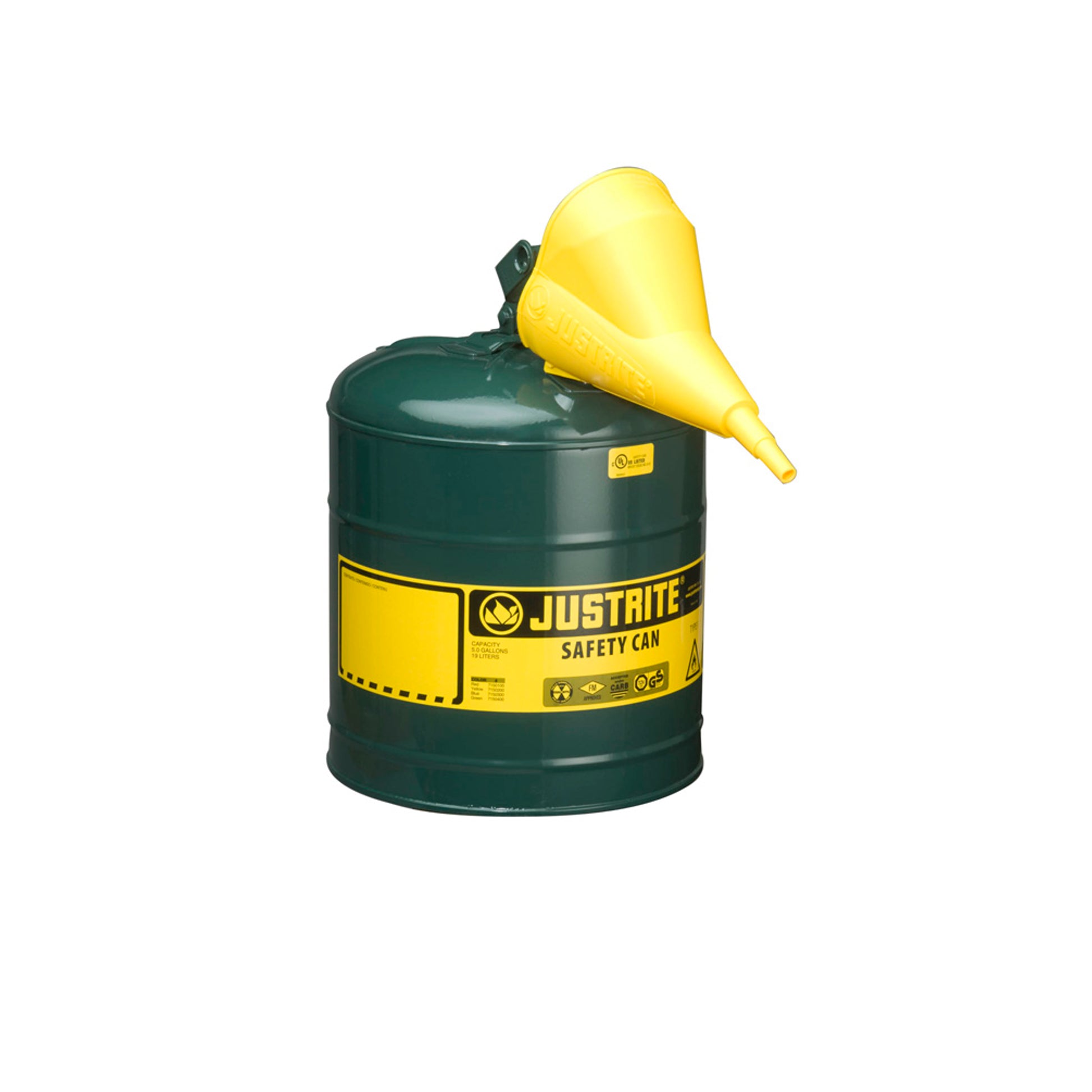 Justrite Type I Steel Safety Can For Flammables - Funnel 11202Y - 5 Gallon - S/S Flame Arrester - S/C Lid - Green - 7150410
