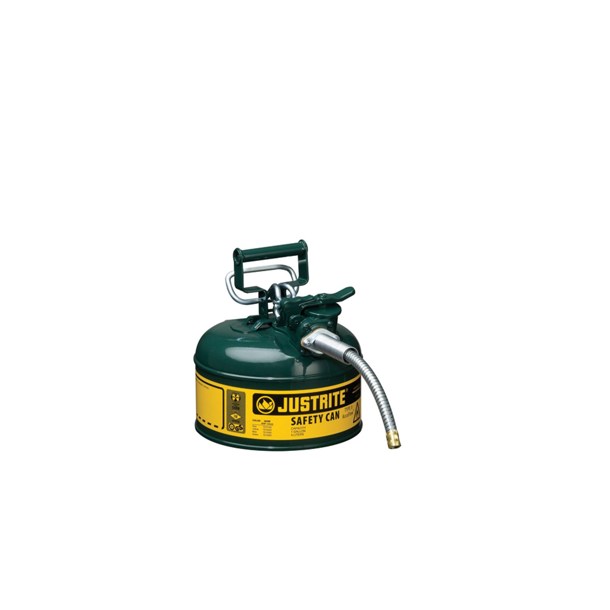 Justrite Type II Accuflow Steel Safety Can For Flammables - 1 Gal. - S/S Flame Arrester - 5/8" Metal Hose - Green - 7210420