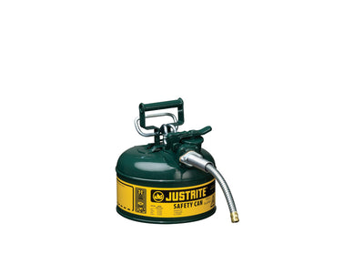 Justrite Type II Accuflow Steel Safety Can For Flammables - 1 Gal. - S/S Flame Arrester - 5/8" Metal Hose - Green - 7210420