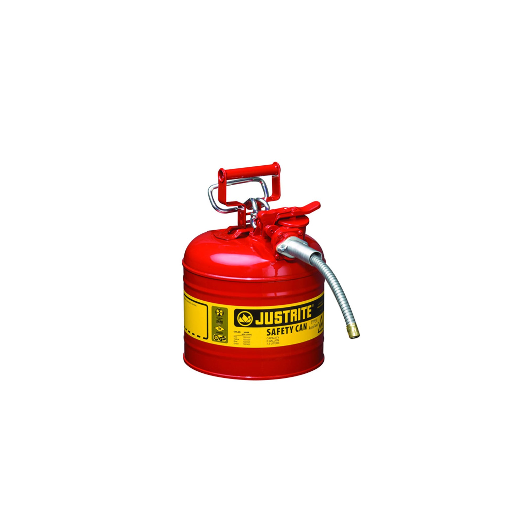Justrite Type II Accuflow Steel Safety Can For Flammables - 2 Gal. - S/S Flame Arrester - 5/8" Metal Hose - Red - 7220120