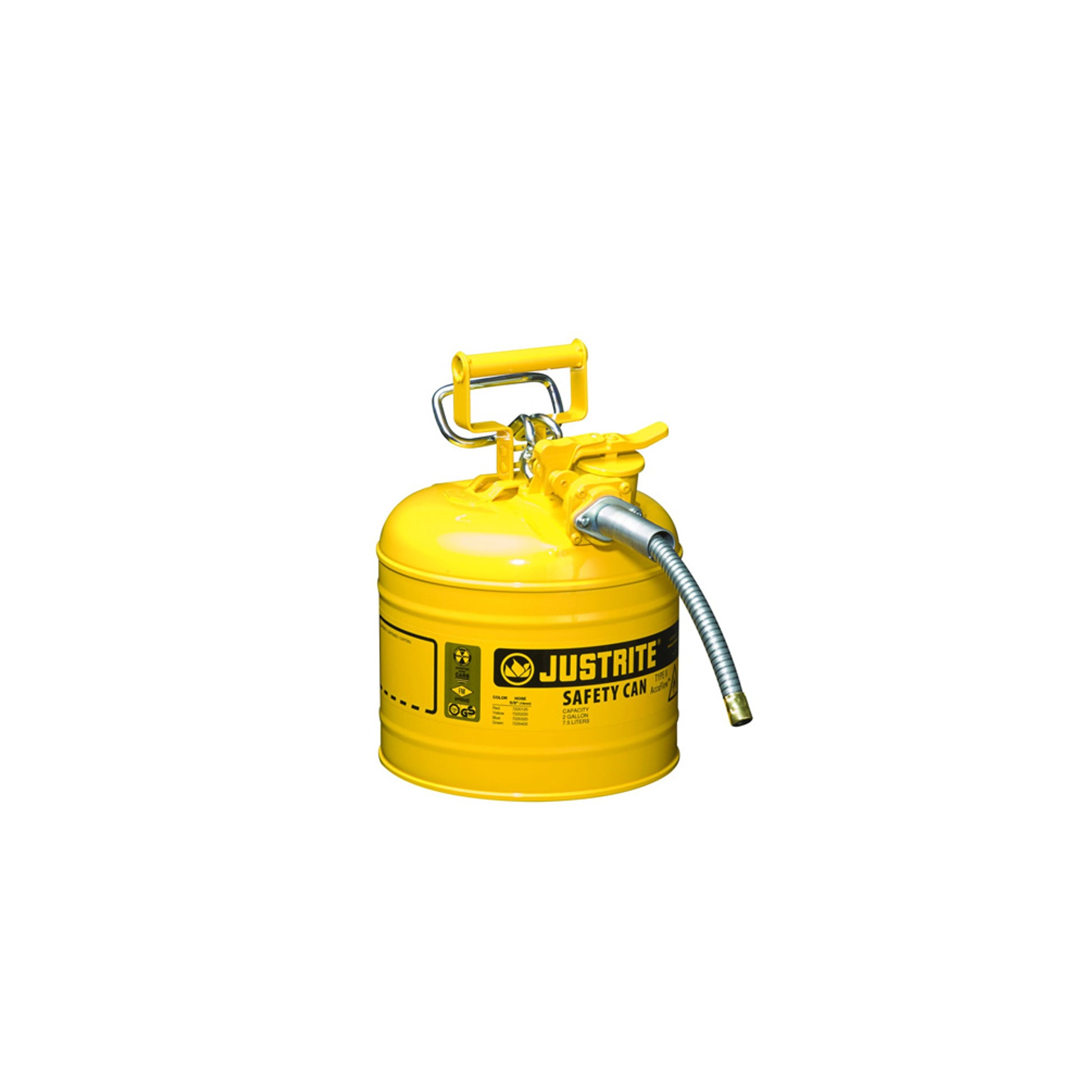 Justrite Type II Accuflow Steel Safety Can For Flammables - 2 Gal. - S/S Flame Arrester - 5/8" Metal Hose - Yellow - 7220220