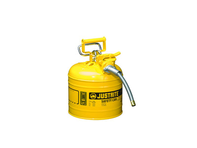 Justrite Type II Accuflow Steel Safety Can For Flammables - 2 Gal. - S/S Flame Arrester - 5/8" Metal Hose - Yellow - 7220220