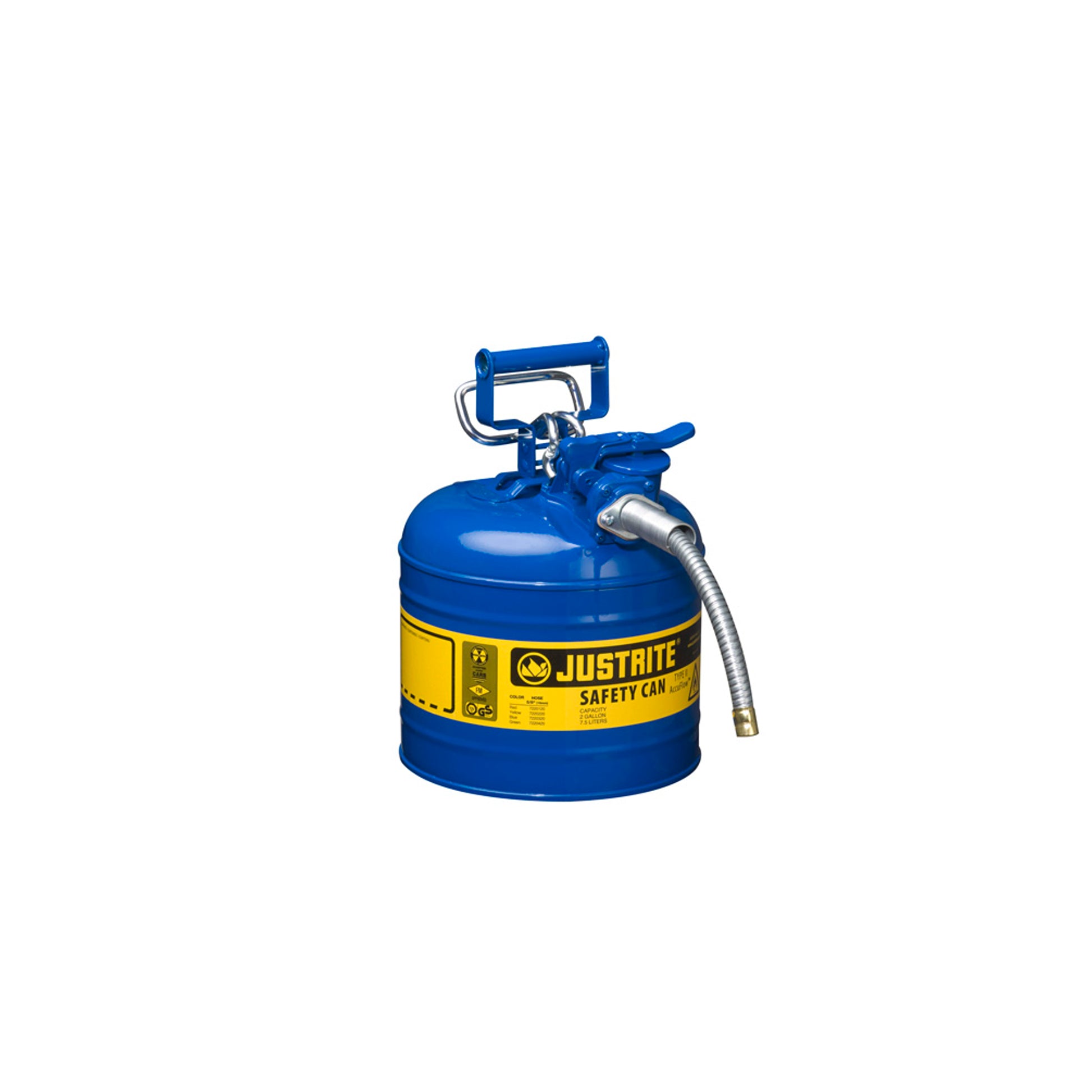 Justrite Type II Accuflow Steel Safety Can For Flammables - 2 Gal. - S/S Flame Arrester - 5/8" Metal Hose - Blue - 7220320