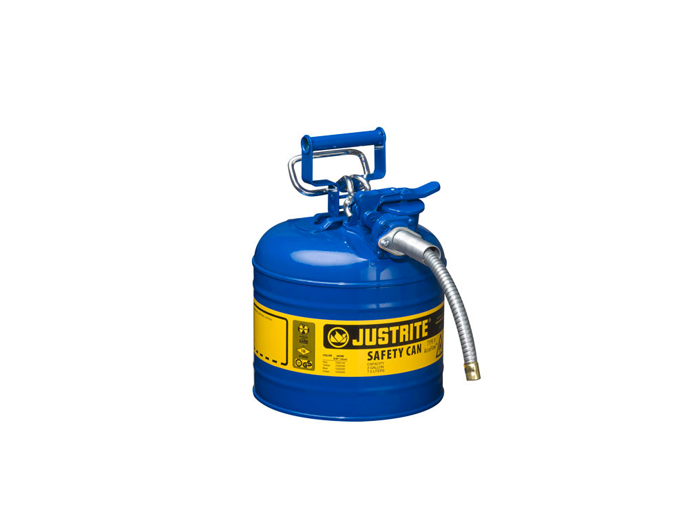 Justrite Type II Accuflow Steel Safety Can For Flammables - 2 Gal. - S/S Flame Arrester - 5/8" Metal Hose - Blue - 7220320