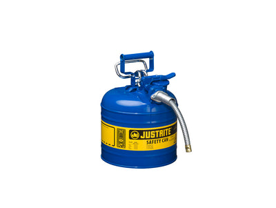 Justrite Type II Accuflow Steel Safety Can For Flammables - 2 Gal. - S/S Flame Arrester - 5/8" Metal Hose - Blue - 7220320