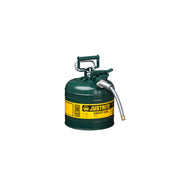 Justrite Type II Accuflow Steel Safety Can For Flammables - 2 Gal. - S/S Flame Arrester - 5/8" Metal Hose - Green - 7220420