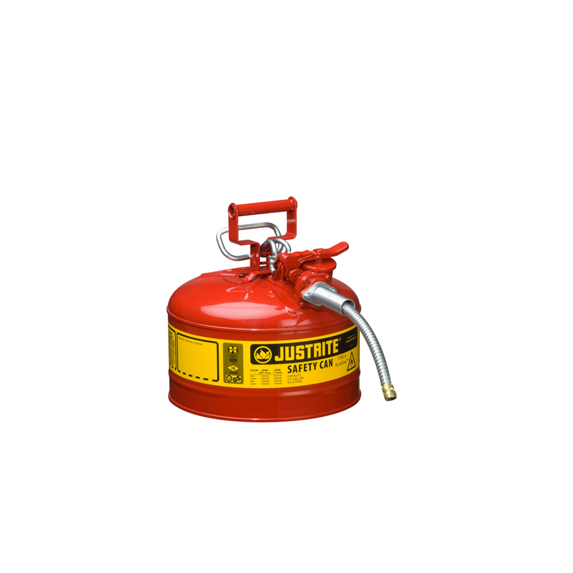 Justrite Type II Accuflow Steel Safety Can For Flammables - 2.5 Gal. - Flame Arrester - 5/8" Metal Hose - Red - 7225120