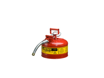 Justrite Type II Accuflow Steel Safety Can For Flammables - 2.5 Gal. - S/S Flame Arrester - 1" Metal Hose - Red - 7225130